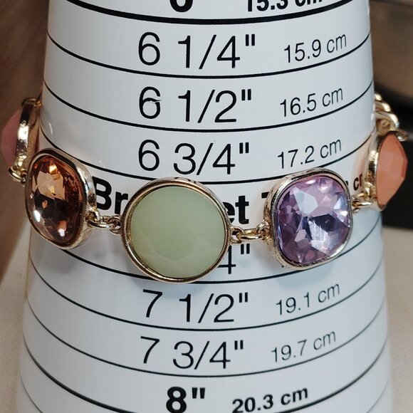 Gold Tone Multicolor Faceted Glass Bracelet 8 Inch Toggle Clasp - Picture 4 of 7